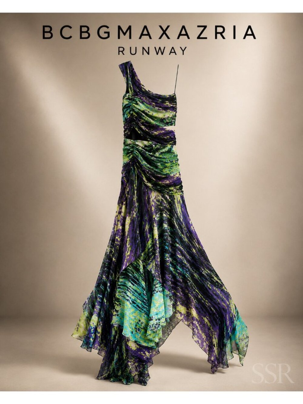 BCBGMAXAZRIA Freesia Runway One Shoulder Mermaid Gown M Floral Handkerchief Hem